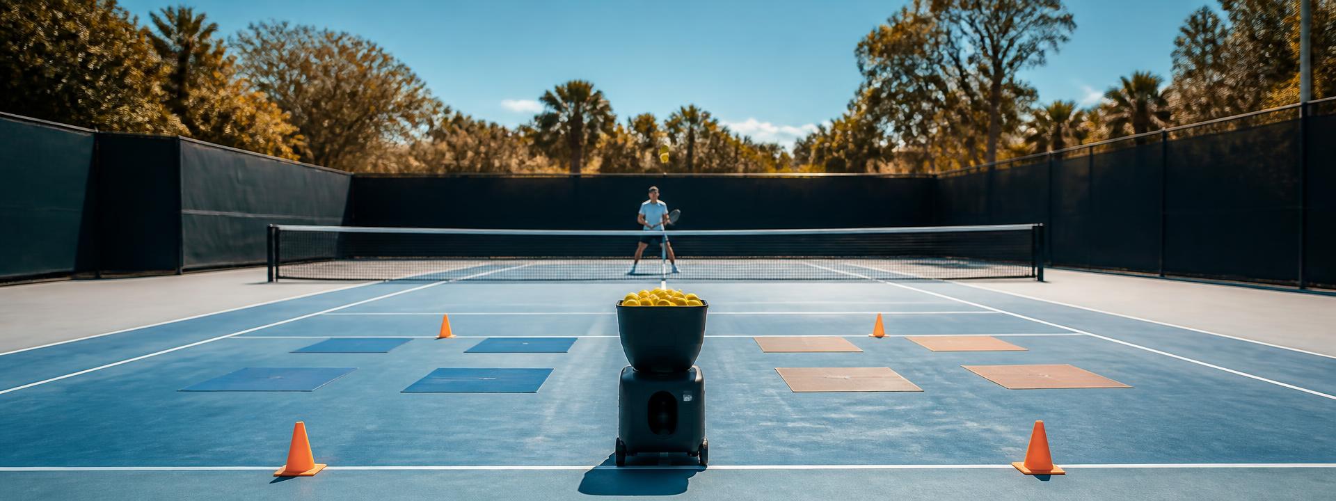 Portable ball machine set up with cones and target mats for a drill
