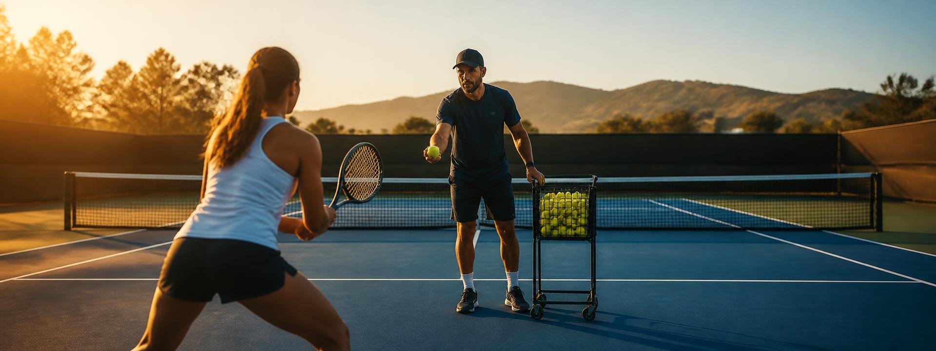 Coach feeding balls from a hopper during a private tennis lesson