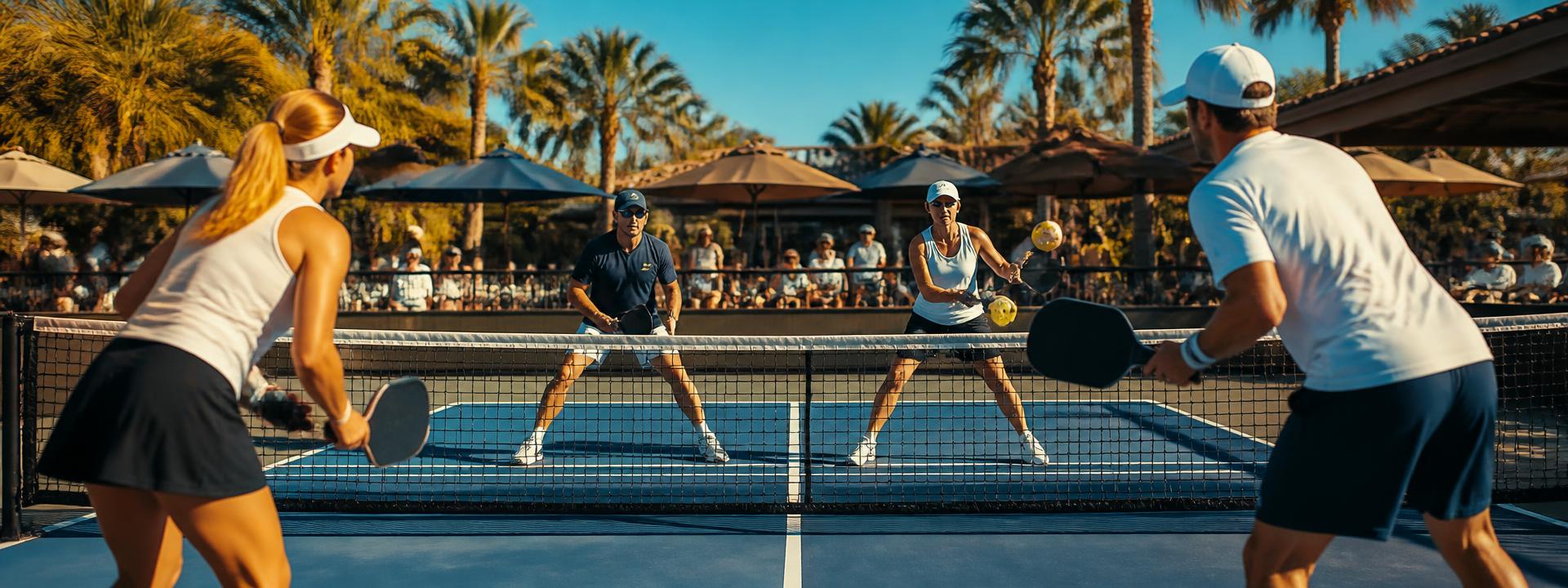 Pickleball doubles rally at a busy club