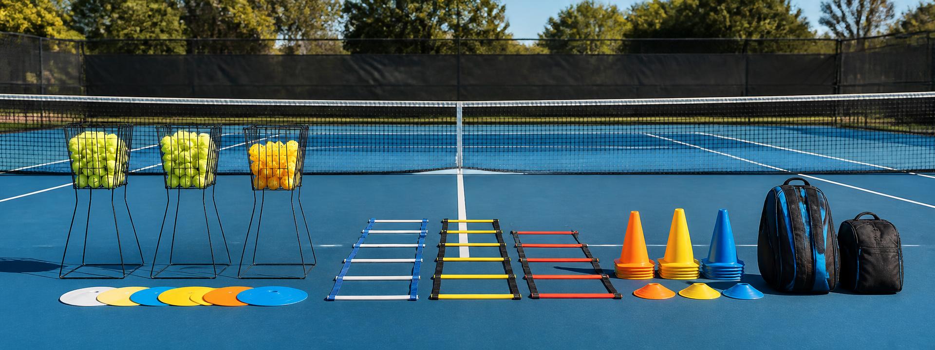 Club program equipment staged courtside: hoppers, ladders and cones